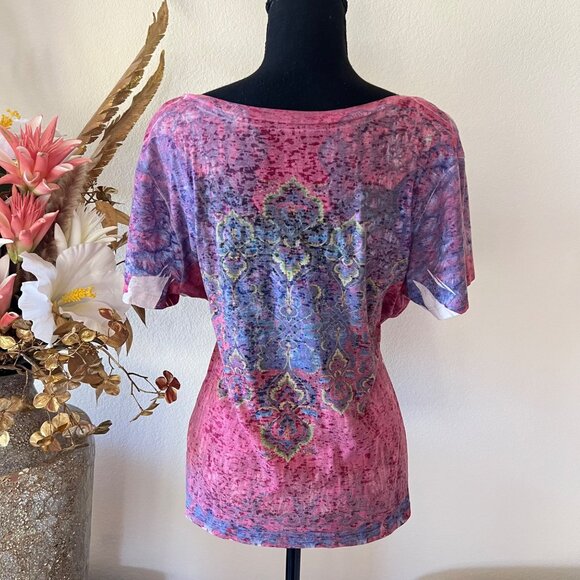 Y2K Boho Chic Deep V-Neck Pink & Purple Ombre Flowy Tunic Top - Picture 2 of 6